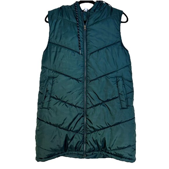 Zella Hooded Puffer Vest Womens S Pine Green Mid-Length Lined Pockets Quilted - Picture 1 of 7